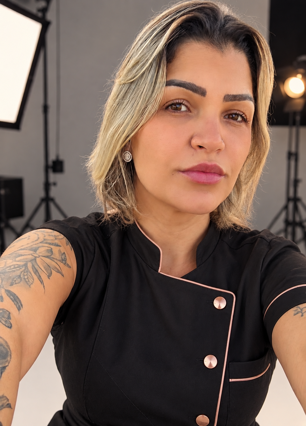 Angélica Oliveira, nail designer, no estúdio com seu jaleco preto